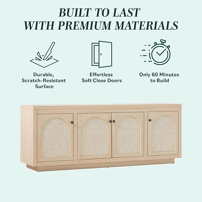 Walker Edison Sasha 4-Door Sideboard Buffet with Arched Rattan Panels, 70 Inch, Coastal Oak