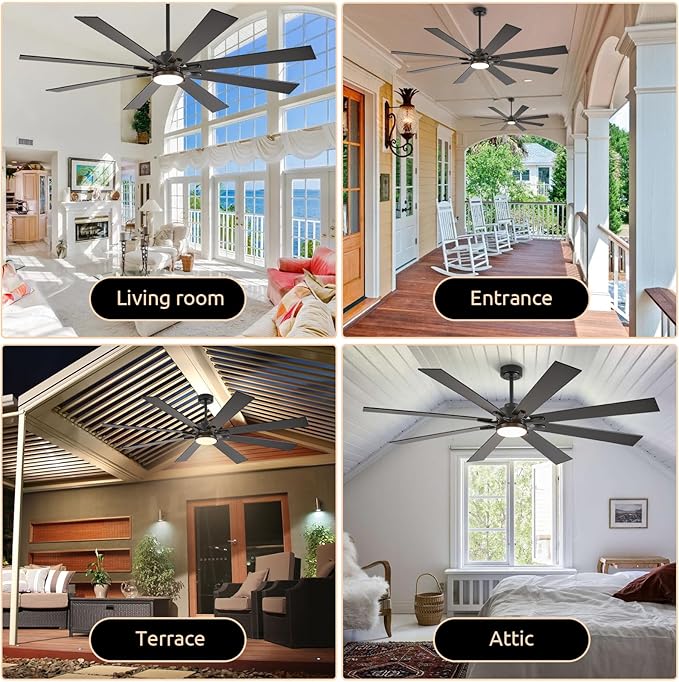 72 Inch Ceiling Fan with Lights, Large Outdoor Ceiling Fans with Light, Black Industrial Ceiling Fan 8 Blades For Great Room, Large Living Room Patio Farmhouse Damp Rated, Quiet Reversible DC Motor