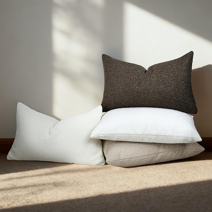 Textured Boucle Pillow Covers 12x20 Inch Set of 2, Striped Solid Pillowcases Cozy Soft Modern Accent Boho Lumbar Decorative Throw Pillows for Couch Sofa Bed Living Room Home Decor, White