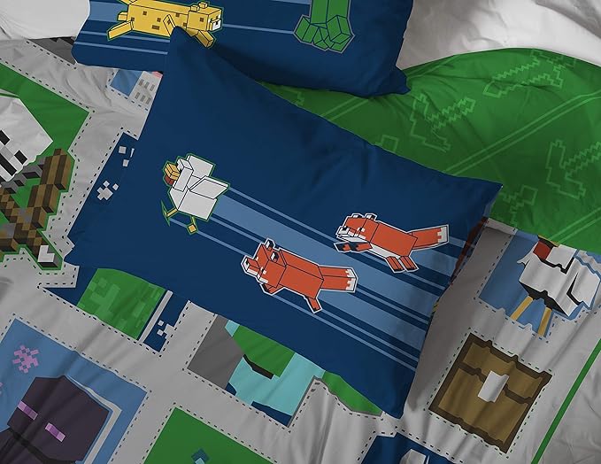 Jay Franco Minecraft 7pc Full Bed Set - Includes Comforter, Sheet Set & Decorative Pillow Shams - Features Creeper, Ghost, Zombie & Enderman Characters