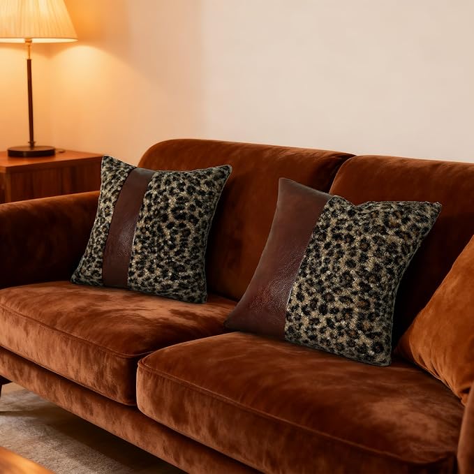 Cheetah Pillow Covers 18x18 Set of 2, Brown Faux Leather & Leopard Print Boucle Accent Throw Pillow Cover, Decorative Farmhouse Pillowcases Cushion Cover Couch Sofa Bed Livingroom Home Decor