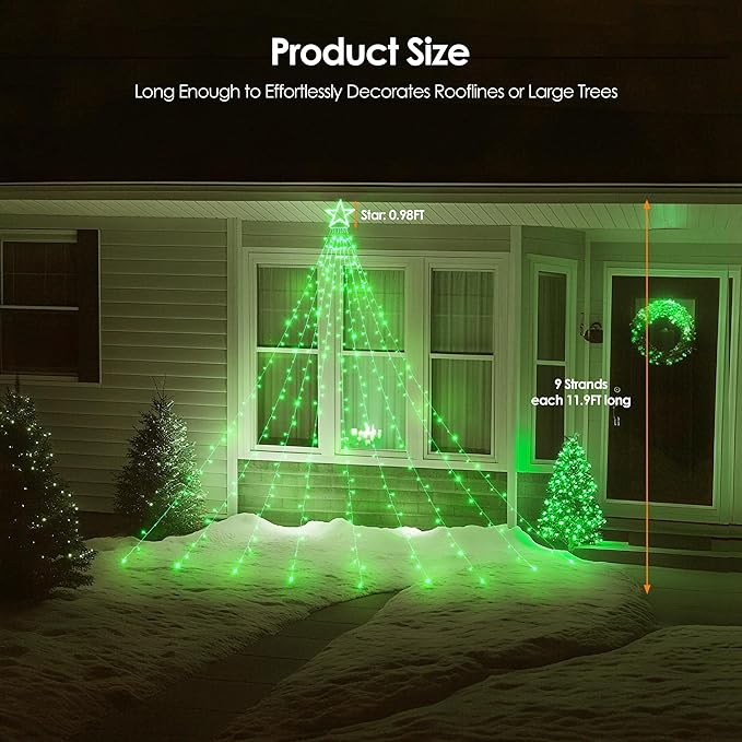 WBao 344 LED Christmas Lights Outdoor Decorations with 12" Star Topper, 11.9ft Waterfall Christmas Lights, Remote Control 8 Modes, 3 Timers, UL Listed Waterproof for Tree Roof Porch Xmas Decor, Green