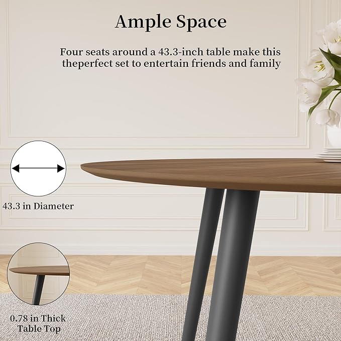 43.3 Inch Walnut Round Dining Table for 4, Space-Saving Dinette Perfect for Kitchen Dining Living Room(Walnut Table)