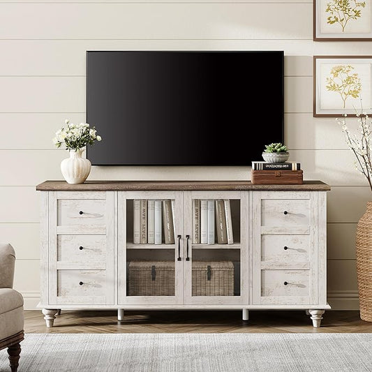 WAMPAT Farmhouse TV Stand for TVs Up to 65 inches, Wood TV Cabinet with Glass Door & Adjustable Shelves, Rustic Entertainment Center for for Living Room Bedroom, 58Inch, Antique White