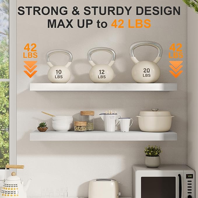 Fun Memories 40 Inch Floating Shelves Set of 2, 8 Inch Deep Wall Shelf, Rustic Wood Storage Shelves for Bedroom, Kitchen, Bathroom, Wall-Mounted Shelf with Invisible Brackets for Books|Storage, White