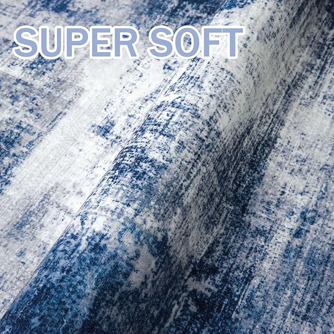 IOHOUZE Abstract Runner Rug 3x8 Ft Washable Runners for Hallways, Non Slip Kitchen Runner Printed Faux Wool Entryway Runner Indoor, Modern Abstract Floor Carpet for Hall Bedroom, Navy/Grey