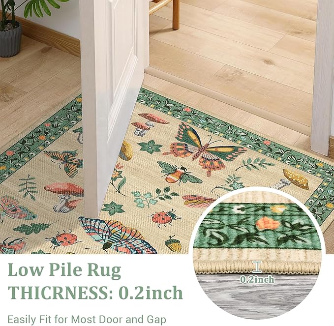 Mushroom Insect Washable Rug 5x7 Area Rugs for Bedroom Non Slip with Rubber Back Low Pile Stain Resistant Butterfly Carpet for Living Room Nursery Kitchen Dining Room Khaki Green