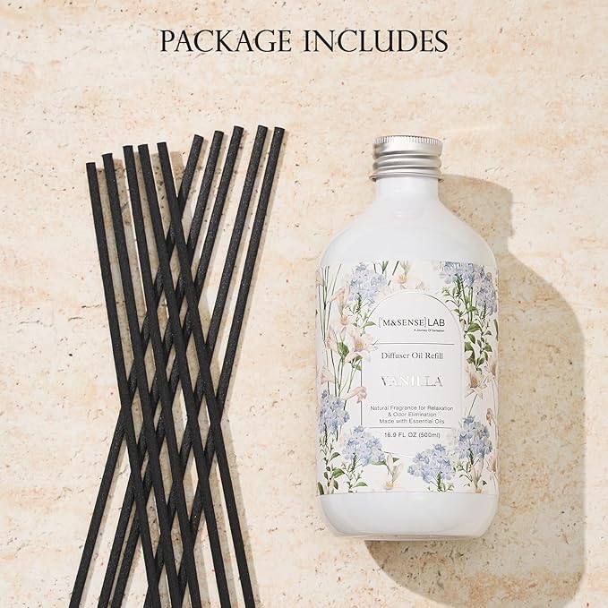 M&SENSE Reed Diffuser Oil Refill, 16.9oz (500ml) with 10 Hollow Reed Sticks, Vanilla Scent Home Fragrance, Scented Oil Refills, Natural Essential Oils for Diffusers, Décor for Home Spa & Office