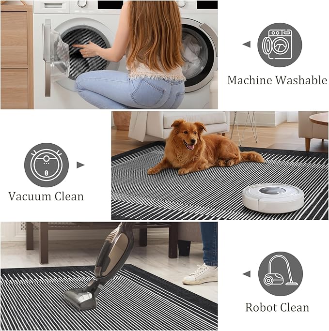 Morebes Modern Washable 5x7 Rug for Living Room, Geometric Striped Bedroom Rug Non Slip Office Rug, Stain-Resistant Low Pile Soft Indoor Floor Carpet for Dining Room Playroom, Black