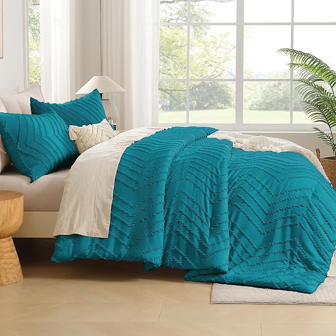 Andency Turquoise Comforter Set Queen Size, Boho Soft Warm Tufted Bedding Comforter Sets for Queen Size Bed, 3 Pieces Aesthetic Chevron Farmhouse Cute Bohemian Textured Bed Set