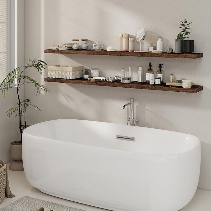 72 Inch Floating Shelves 2 Pack, 8 Inch Deep Floating Shelf Wall Mounted, Large Shelves with Invisible Bracket for Books, Rustic Wood Wall Shelf for Bedroom, Kitchen, Living Room, Rustic Brown