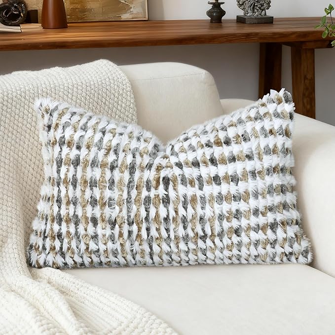 Boho Chenille Tufted Pillow Cover 12x20 Inch Set of 1, Farmhouse Striped Decorative Pillow Covers Accent Fluffy Neutral Lumbar Pillowcases for Couch Sofa Bedroom Living Room, Brown Gray