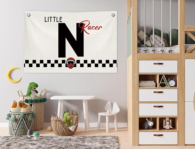 Toddler Boy Room Wall Decor,Name Sign Banner for Personalized Baby Boy Christmas Gifts,Little Racer Canvas Banner for Nursery Toddler Little Boy Bedroom Playroom,Initial N Gift,20x30 in