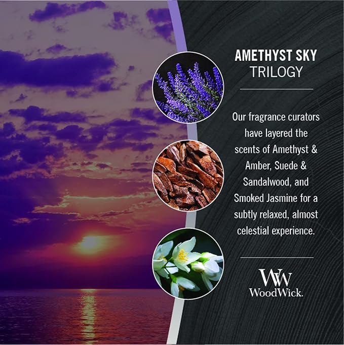 WoodWick Amethyst & Amber Gifts for Women and Men, 9.7 oz Medium Hourglass Trilogy Candle with Crackling Wick