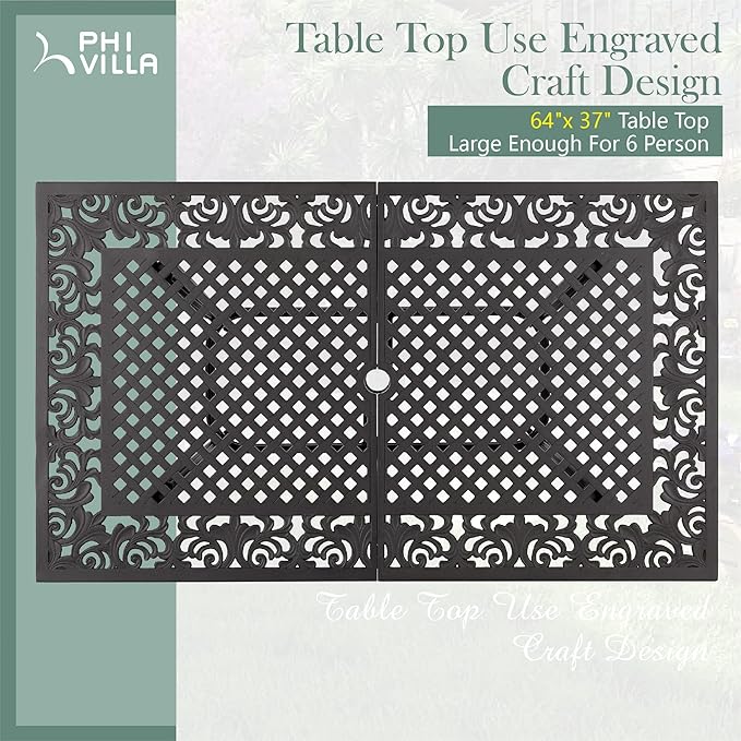 PHI VILLA 64" Outdoor Cast Aluminum Table for 6, Brown Rectangular Metal Dining Table with Umbrella Hole, All Weather Retro Patio Furniture for Outside Deck, Porch, Backyard