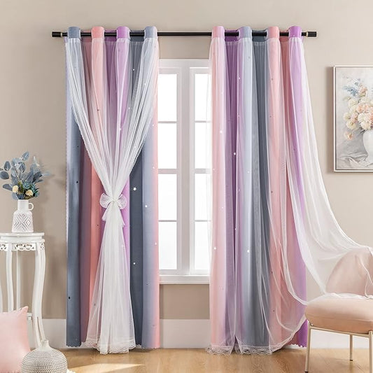 XiDi Dream Star Blackout Curtains for Kids Rooms Girl Princess Curtain for Daughter Bedroom Window (Grey Pink Purple, W52 X L63)