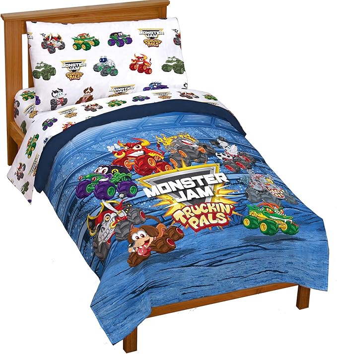 Jay Franco Monster Jam Truckin' Pals 4 Piece Toddler Bed Set - Includes Comforter & Sheet Set - Bedding Features Grave Digger & Megalodon - Super Soft Fade Resistant Microfiber