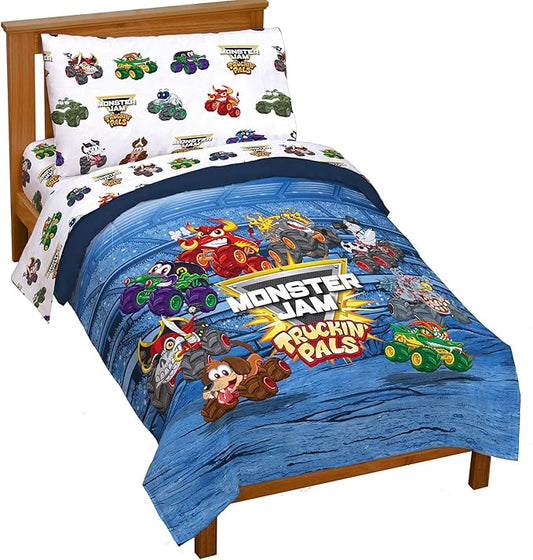 Jay Franco Monster Jam Truckin' Pals 4 Piece Toddler Bed Set - Includes Comforter & Sheet Set - Bedding Features Grave Digger & Megalodon - Super Soft Fade Resistant Microfiber