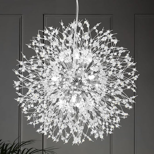 Qamra Modern Crystal Chandeliers, Chrome Firework Dandelion Sputnik Chandelier Light Fixture Pendant Lighting for Dining Room, Bedroom, Kitchen, Living Room(12-Light, Chrome)
