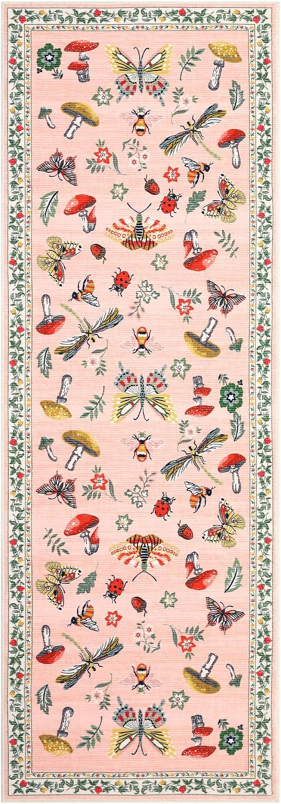 Mushroom Insect 2x6 Runner Rug for Hallway Washable Kitchen Rugs Non Slip with Rubber Back Light Pink Low-Pile Stain Resistant Indoor Carpet for Entryway Bathroom Laundry Dorm