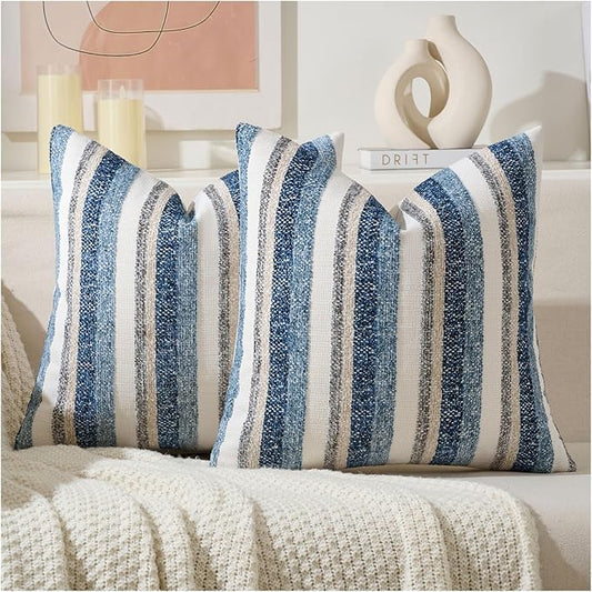 Zealax Modern Farmhouse Decorative Pillow Covers 20x20 Inch Boho Throw Pillows Neutral Soft Chenille Couch Cushion Covers, Set of 2 Velvet Striped Accent Pillows Cases for Sofa Bed Living Room, Blue