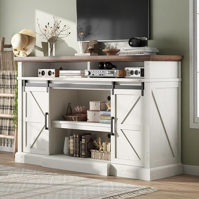 AMERLIFE 66" W Farmhouse TV Stand, Wood 40" H Tall Entertainment Center with Sliding Barn Door & Large Storage Shelves, Rustic Media Console for TVs up to 75", Distressed White