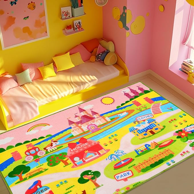 Booooom Jackson Enchanting Kids Pink Castle Rug with Cartoon Park-Flower,Shoes,Clothes,House Design-Perfect for Imaginative Play-Cozy Princess Rug-Ideal for Playrooms and Bedrooms