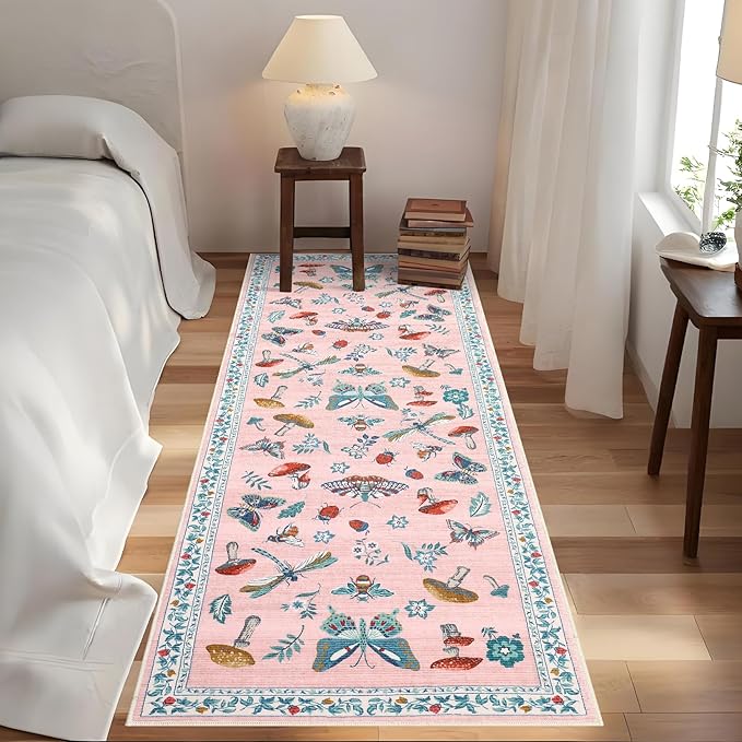 Mushroom Insect 2x6 Runner Rug for Hallway Washable Kitchen Rugs Non Slip with Rubber Back Pink Low-Pile Stain Resistant Indoor Carpet for Entryway Bathroom Laundry Dorm