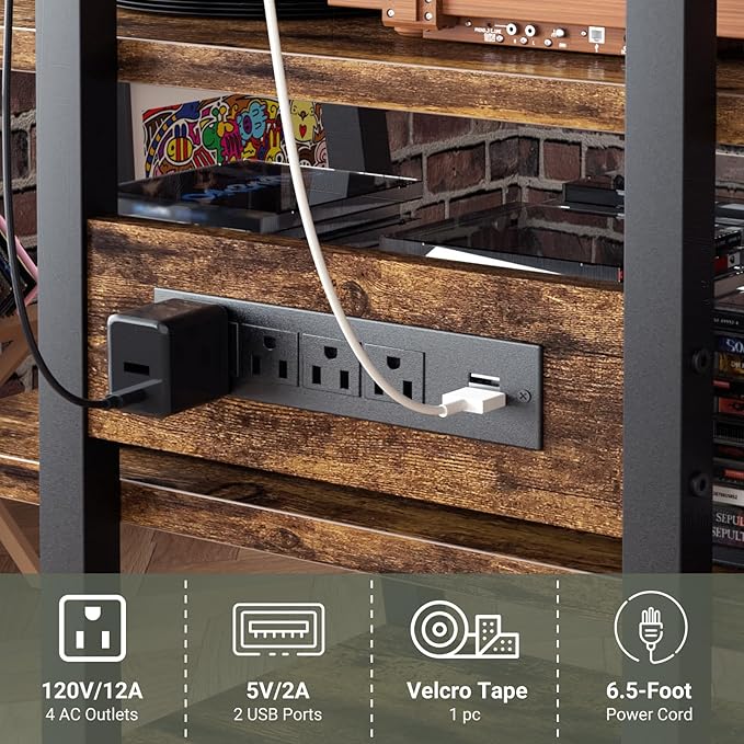 AV Media Stand with Outlets, Media Console with LED Lights, Stereo Racks and Stands with Storage Shelves, Media Audio Tower Cabinet, Rustic Brown