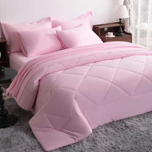 NTBAY King Comforter Set with Sheets, 7 Pieces Soft and Breathable King Bedding Set, Bed in a Bag, Down Alternative Comforter Set Solid Color All Season, King Bedding Set, Pink