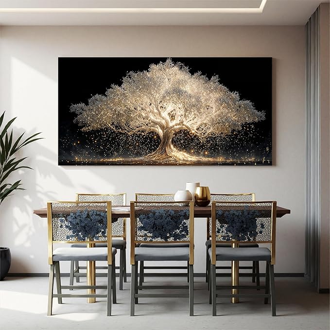 Canvas Wall Art Decor Oversized Gold Fantasy Tree Of Life Canvas Wall Art For Living Room Art Decor White Modern Aesthetics Pictures Prints Artwork For Home Bedroom Office Room Wall Decor 29×58 Inch