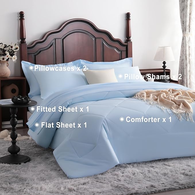 NTBAY Queen Comforter Set with Sheets, 7 Pieces Soft and Breathable Queen Bedding Set, Bed in a Bag, Down Alternative Comforter Set Solid Color All Season, Queen Bedding Set, Aqua