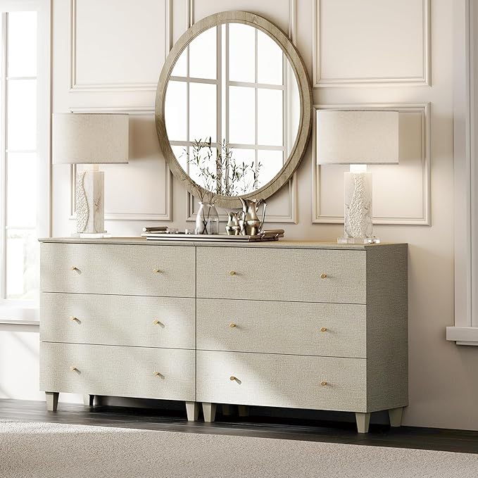 WAMPAT Dresser with 6 Drawers for Bedroom, 70.8" Wide Wooden Chest of Drawers, Modern Closet Storage Organizer Dressers with Solid Wood Legs for Living Room, Children's Room, Nursery, Beige