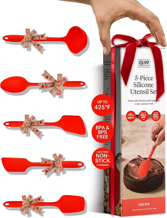 GIR: Get It Right 5-Piece Silicone Essentials Kitchen Utensils Set - Ladle, Spatula, Flip, Spoon & Spoonula - Non-Toxic Cooking Utensils for Nonstick Cookware, Cooking and Baking - Fire Red