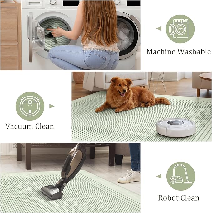 Morebes Modern Green Rug Runners for Hallways 2.5x8, Washable Kitchen Runner Rug Non-Slip, Striped Soft Low Pile Ultra-Thin Carpet for Bathroom Bedroom Nursery (2.5'x8',Sage Green)