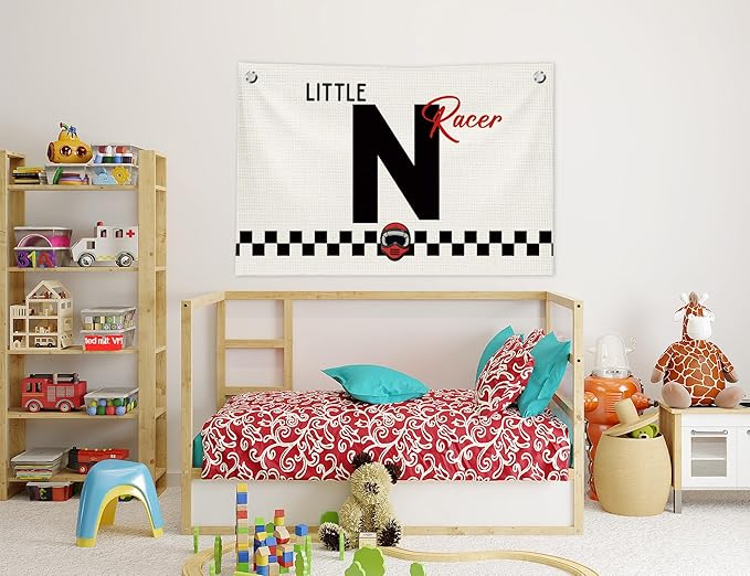 Toddler Boy Room Wall Decor,Name Sign Banner for Personalized Baby Boy Christmas Gifts,Little Racer Canvas Banner for Nursery Toddler Little Boy Bedroom Playroom,Initial N Gift,20x30 in