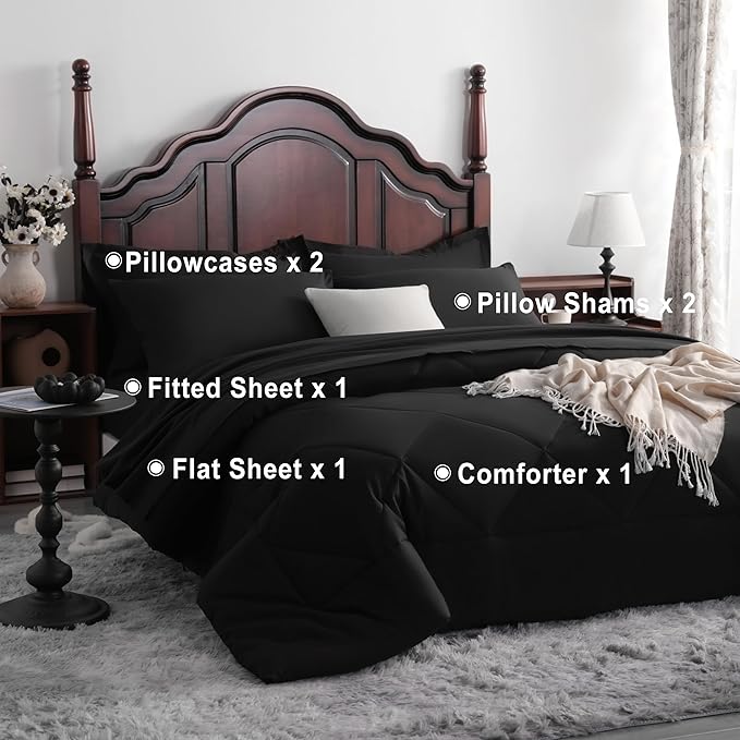 NTBAY Queen Comforter Set with Sheets, 7 Pieces Soft and Breathable Queen Bedding Set, Bed in a Bag, Down Alternative Comforter Set Solid Color All Season, Queen Bedding Set, Black