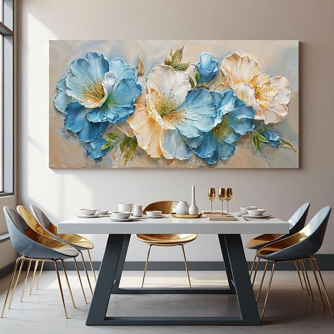 Oversized Wall Art Decor White Blue Flower Art pictures for living room Green Botanical Wall Art Decor Paintings Prints Modern Aesthetics Wall Art For Home Bedroom Office Room Wall Decor 29×58 Inch