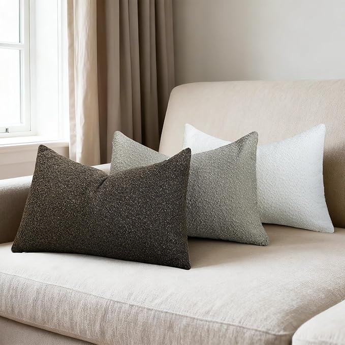 Textured Boucle Pillow Covers 12x20 Inch Set of 2, Striped Solid Pillowcases Cozy Soft Modern Accent Boho Lumbar Decorative Throw Pillows for Couch Sofa Bed Living Room Home Decor, White