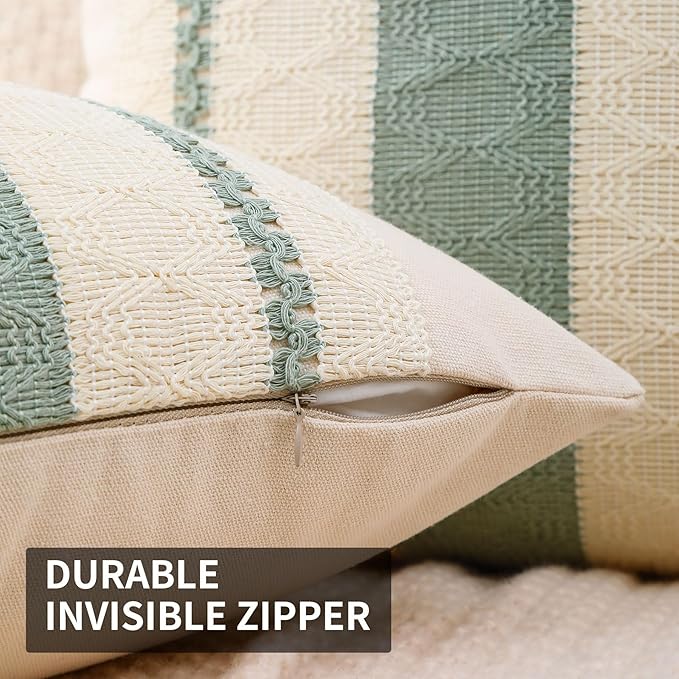 Boho Throw Pillow Covers Set of 2 Linen Farmhouse Pillow Covers 18x18,Rustic Decorative Throw Pillow Cover for Couch,Bed,Living Room (Sage Green, 20" x 20")