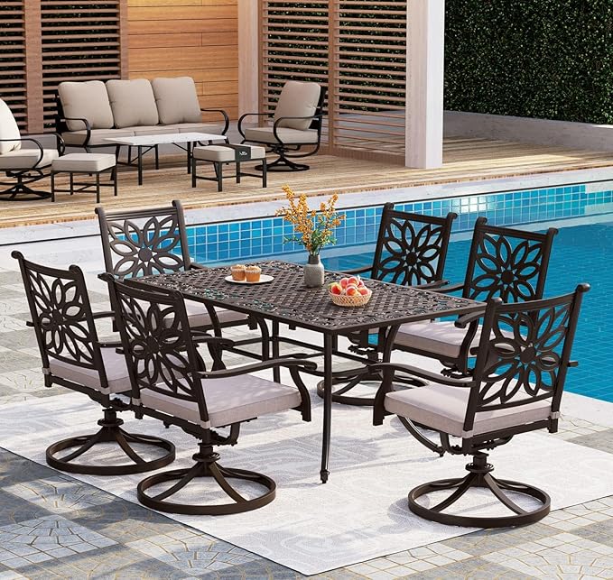 PHI VILLA 64" Outdoor Cast Aluminum Table for 6, Brown Rectangular Metal Dining Table with Umbrella Hole, All Weather Retro Patio Furniture for Outside Deck, Porch, Backyard