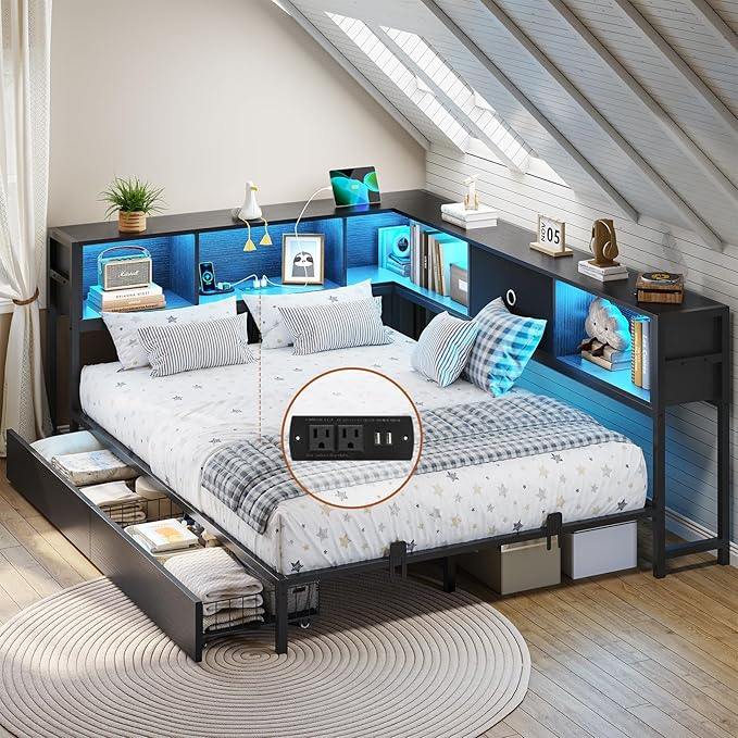 DICTAC Full Corner Bed Frame with Bookcase Storage and Led Lights Metal Platform Bed Frame Full Size with Storage Drawers & Charging Station Full Size Daybed for Teen/Adult,No Box Spring Needed,Black