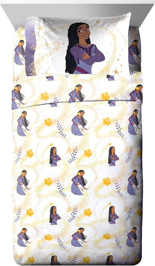 Jay Franco Disney Wish Twin Comforter Set - 5 Piece Bed Set Includes Sheet Set & Pillow Covers - Super Soft Kids Bedding Features Asha, Valentino & Star