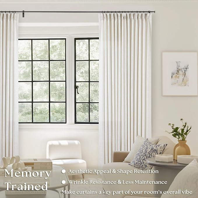102 Inch Long Curtains Pinch Pleat Linen Curtains for Living Room Bedroom 2 Panels Natural Cream Light Filtering Privacy Neutral 102 Inch Pleated Drapes Hooks Rings Back Tab for Window Sliding Door