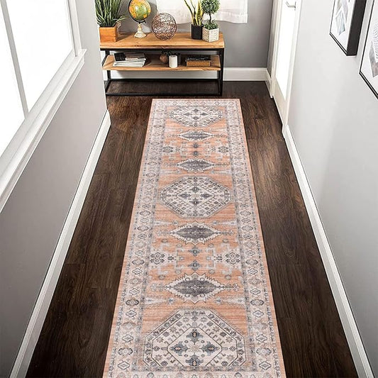 vivorug Runner Rug 2x10 Machine Washable Rug with Non-Slip Backing, Ideal for Kitchen Hallway Entryway Laundry Room - Vintage, Durable, Easy Clean, Low Pile Carpet Runner, Orange