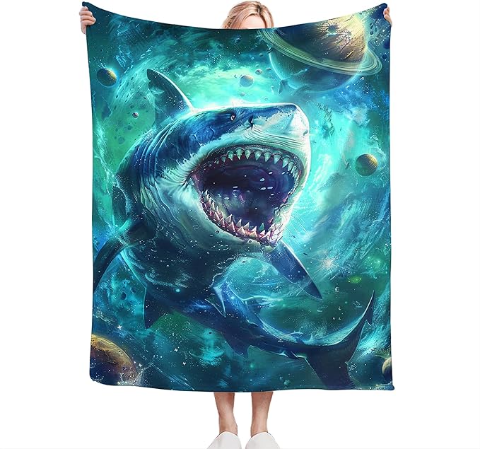 Funny Shark Throw Blanket, 60"x50", Multicolor, Microfiber, Shark Quilt, Modern Style, All Ages, All Seasons, Heavy Weight, Easy Care