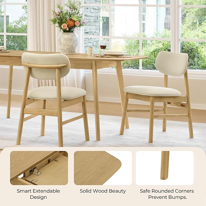 CHITA 59"-75" Extendable Dining Room Table for 4-6, Modern Wood Dining Table for Small Spaces, Kitchen, Space Saving Hidden Leaves, Solid Rubberwood Frame, Oak Venner