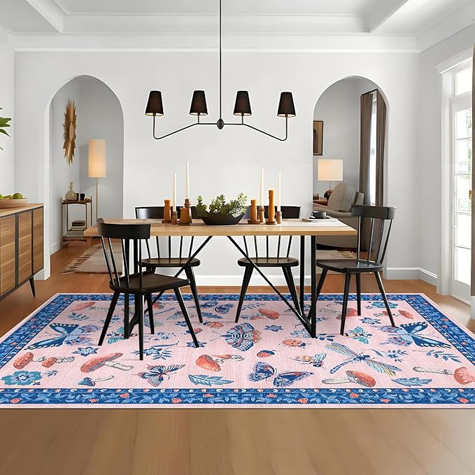 Mushroom Insect 8x10 Area Rugs, Washable Rugs for Living Room Non Slip Stain Resistant Low Pile Modern Butterfly Carpet for Bedroom Dining Room Nursery Playroom Office, Blue Pink