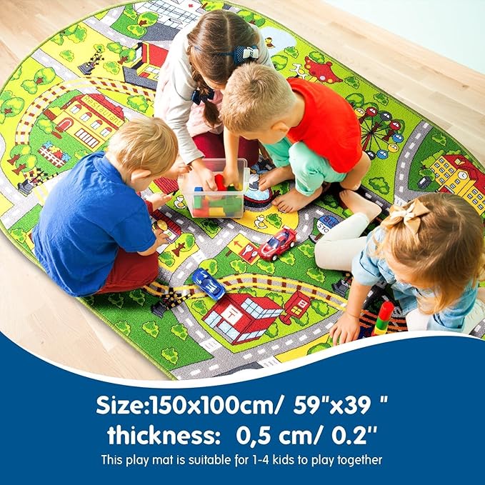 Booooom Jackson Kids Car Mat Train Rug Play Mat, 59 x 39 inches