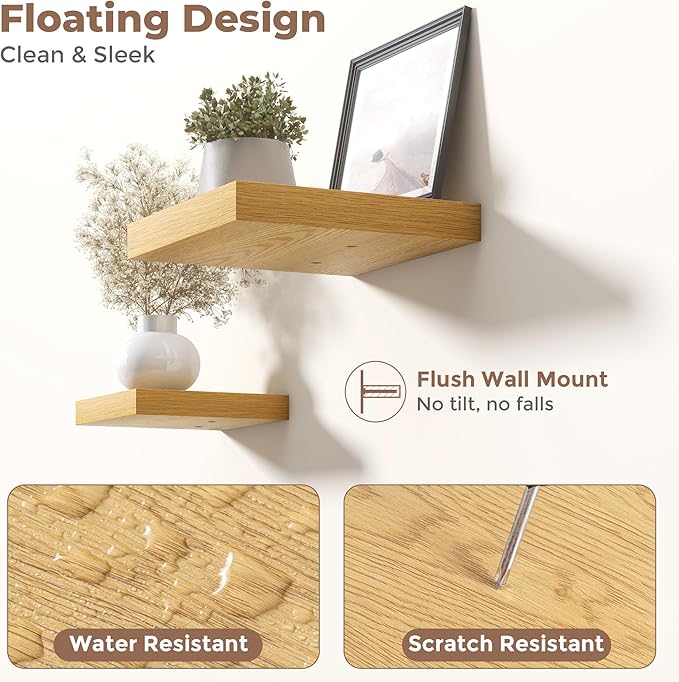 Floating Shelves for Wall with Invisible Brackets, Wall Mounted Engineered Wood Shelves with Wood Grain for Living Room, Bedroom, Bathroom, Kitchen Decor and Storage, Oak, 12"L Set of 3, Oak